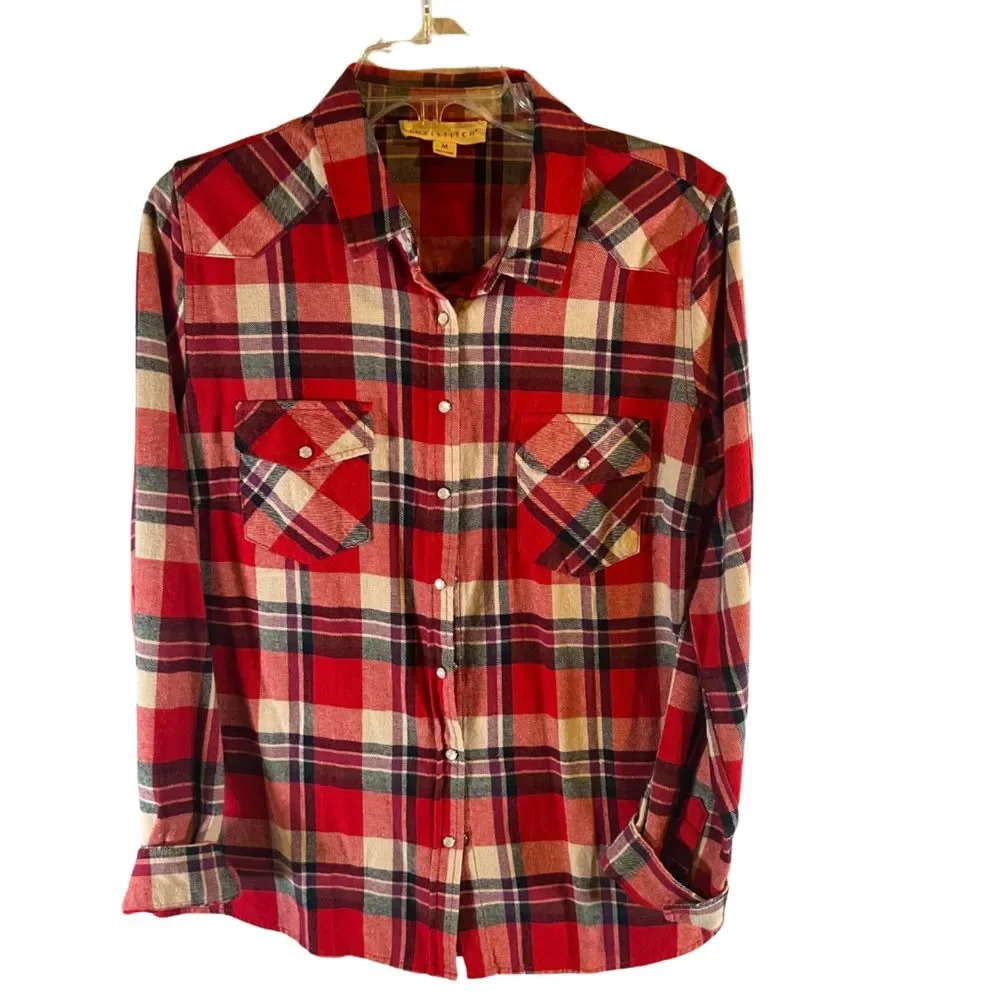 Lovestitch Button Up Plaid Western Pearl‎ Snap Long Sleeve Cotton Shirt Size MD